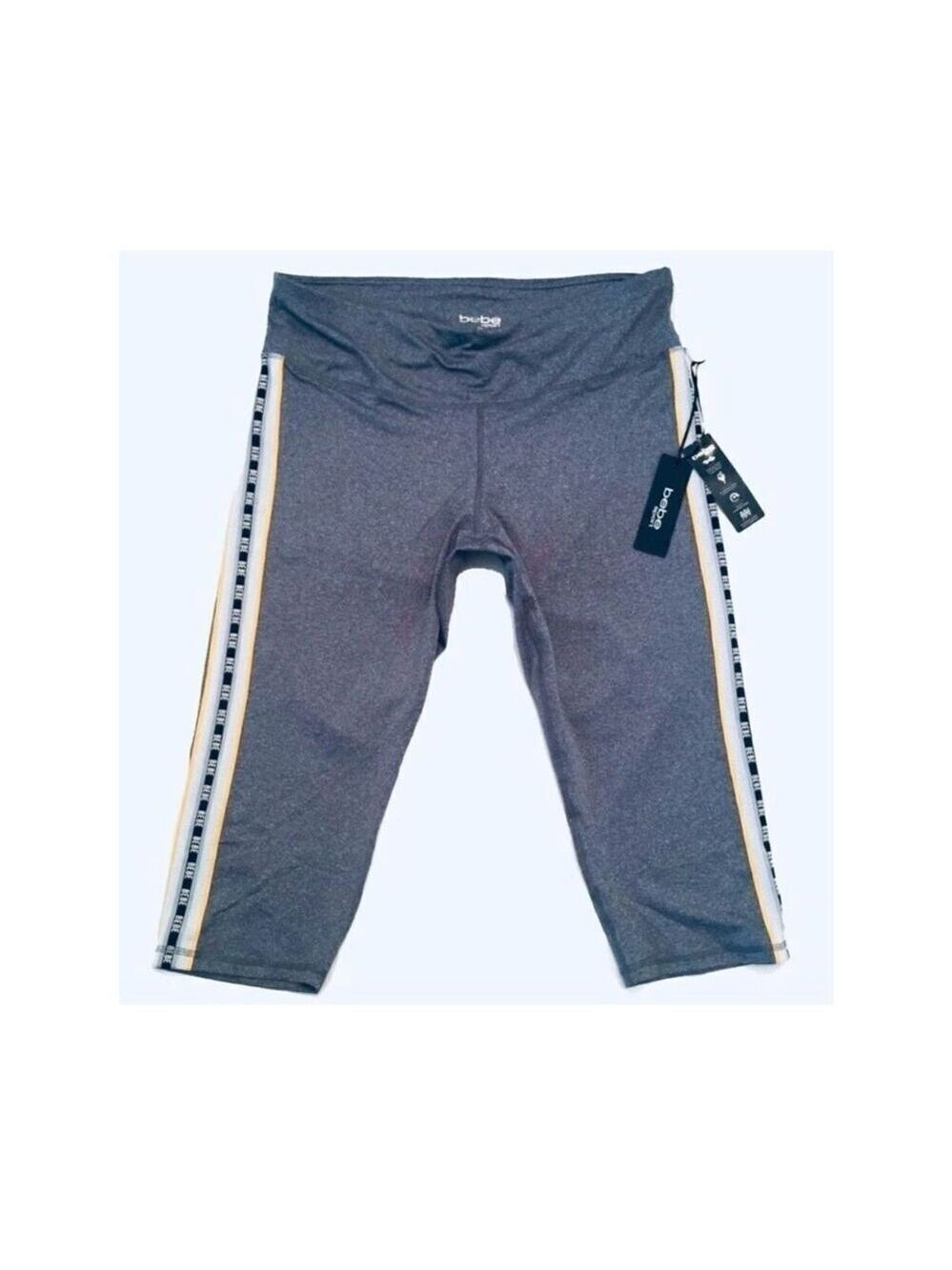 NWT BEBE SPORT 2X Gorgeous Cropped Crop Gray Yellow White Leggings Logo Pants